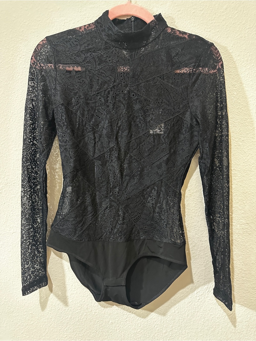BCBGMaxAzria Black Lace High-Neck Long-Sleeve Bodysuit